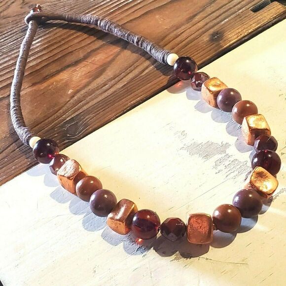 Stunning Handcrafted Nepal Copper Dipped Baroque Brass Beads Statement Necklace - Picture 1 of 8